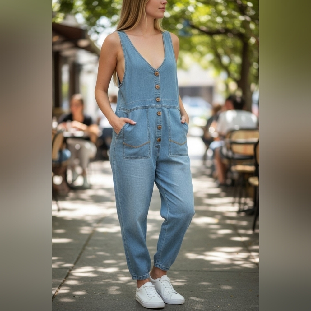 SHEIN Light Blue Denim Button-Front Women's Overalls Jumpsuit